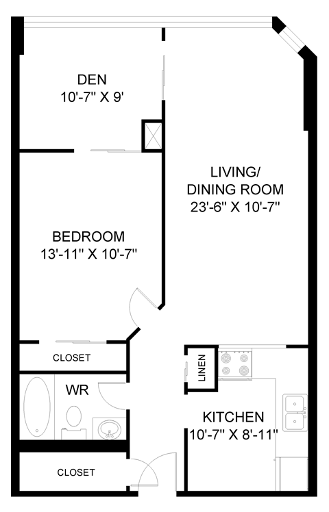 Floor plan for 1 bed, 1 bath, 774 sqft